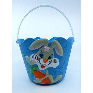 Vtg Plastic Blow Mold Easter Basket Bucket Pail Blue Bunny Rabbit